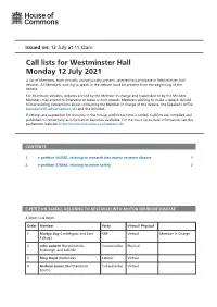 Call List for Mon 12 Jul 2021