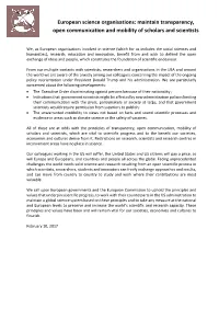 European Science Organisations: Maintain Transparency, Open Communication and Mobility of Scholars and Scientists