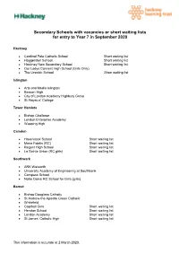 Secondary Schools with Vacancies Or Short Waiting Lists for Entry to Year 7 in September 2020