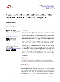 A Case for Creation of Constitutional Roles for Our First Ladies, Particularly in Nigeria