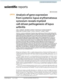 Analysis of Gene Expression from Systemic Lupus Erythematosus Synovium Reveals Myeloid Cell‑Driven Pathogenesis of Lupus Arthritis Erika L