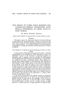 The Design of Turbo Field Magnets for Alternate-Current Generators with Special Reference to Large Units at High Speeds