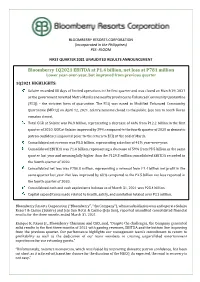 Bloomberry 1Q2021 EBITDA at P1.4 Billion, Net Loss at P781 Million Lower Year-Over-Year, but Improved from Previous Quarter