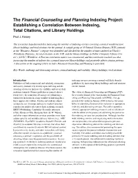 Financial Counseling and Planning Indexing Project: Establishing a Correlation Between Indexing, Total Citations, and Library Holdings