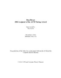 Ron Rivest 2002 Recipient of the ACM Turing Award