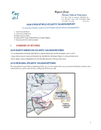 Asf.Ca 2020 STATE of WILD ATLANTIC SALMON REPORT a Summary of Public Reports on 2019 Adult Salmon Returns and Population