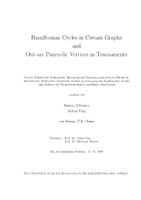 Hamiltonian Cycles in Certain Graphs and Out-Arc Pancyclic Vertices in Tournaments
