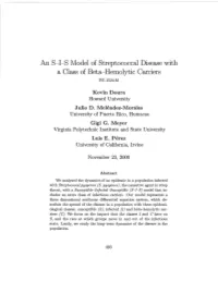 An S-I-S Model of Streptococcal Disease with a Class of Beta-Hemolytic Carriers BU-1524-M