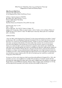 Mike Prescott: Field Notes, Topic Log, and Interview Transcript Raquette River Dams Oral History Project