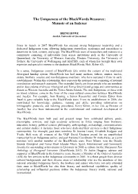 The Uniqueness of the Blackwords Resource: Memoir of an Indexer
