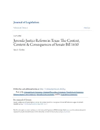 Juvenile Justice Reform in Texas: the Onc Text, Content & Consequences of Senate Bill 1630 Sara A