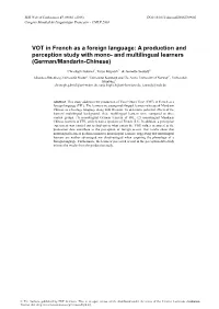 VOT in French As a Foreign Language: a Production and Perception Study with Mono- and Multilingual Learners (German/Mandarin-Chinese)
