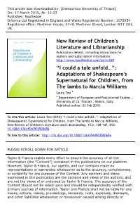 “I Could a Tale Unfold…”: Adaptations of Shakespeare's Supernatural