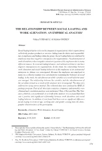 The Relationship Between Social Loafing and Work Alienation: an Empirical Analysis1