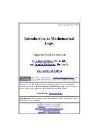 Mathematical Logic. Introduction. by Vilnis Detlovs And