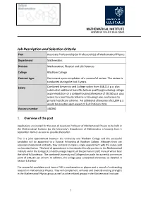 Job Description and Selection Criteria Post Associate Professorship (Or Professorship) of Mathematical Physics