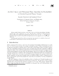 Space and Polynomial Time Algorithm for Reachability in Directed Layered Planar Graphs