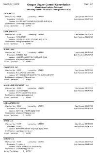 Oregon Liquor Control Commission Page 1 of 27 Weekly Applications Received for Entry Dates: 03/28/2020 Through 04/03/2020