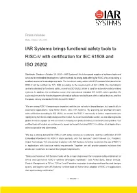 IAR Systems Brings Functional Safety Tools to RISC-V with Certification for IEC 61508 and ISO 26262