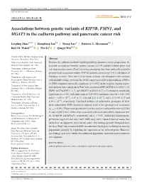 Associations Between Genetic Variants of KIF5B, FMN1, and MGAT3 in the Cadherin Pathway and Pancreatic Cancer Risk