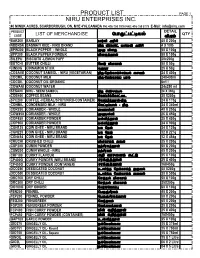 Niru Enterprises Inc. Product List