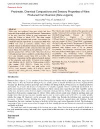 Proximate, Chemical Compositions and Sensory Properties of Wine Produced from Beetroot (Beta Vulgaris)