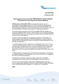 Court Approves the Issue of the PIPE Networks Scheme Booklet and Orders the Convening of the Scheme Meeting