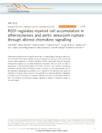 RGS1 Regulates Myeloid Cell Accumulation in Atherosclerosis and Aortic Aneurysm Rupture Through Altered Chemokine Signalling