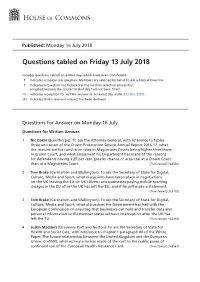 Questions Tabled on Fri 13 Jul 2018