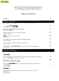 RECYCLED PAPER TECHNOLOGY a N Anthology of Published Papers