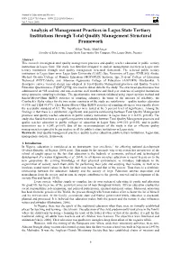 Analysis of Management Practices in Lagos State Tertiary Institutions Through Total Quality Management Structural Framework