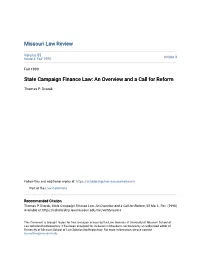 State Campaign Finance Law: an Overview and a Call for Reform