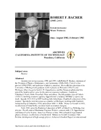 Interview with Robert F. Bacher