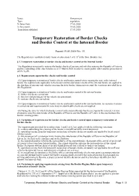 Temporary Restoration of Border Checks and Border Control at the Internal Border