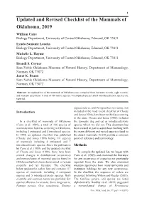 Updated and Revised Checklist of the Mammals of Oklahoma, 2019