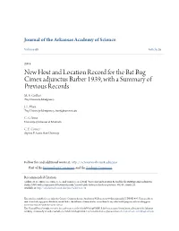 New Host and Location Record for the Bat Bug Cimex Adjunctus Barber 1939, with a Summary of Previous Records M