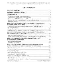 Contraceptive and Reproductive Health Branch, NICHD, Report To