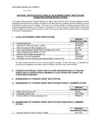 National Identification Codes of Authorised Credit Institutions Operating In/From Within Cyprus