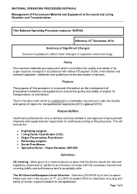 NATIONAL OPERATING PROCEDURE Nop004v2 Management of Procurement Material and Equipment in Deceased and Living Donation and Trans