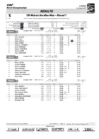 RESULTS 110 Metres Hurdles Men - Round 1 First 4 in Each Heat (Q) and the Next 4 Fastest (Q) Advance to the Semi-Finals