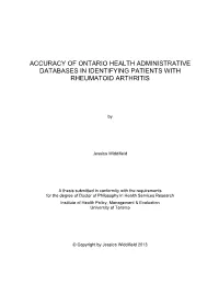 Accuracy of Ontario Health Administrative Databases in Identifying Patients with Rheumatoid Arthritis