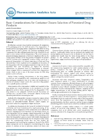 Basic Considerations for Container Closure Selection of Parenteral Drug Products Lakshmi Prasanna Kolluru*