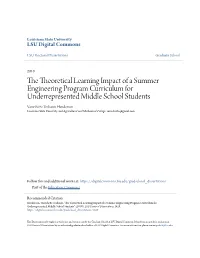 The Theoretical Learning Impact of a Summer Engineering Program Curriculum for Underrepresented Middle School Students