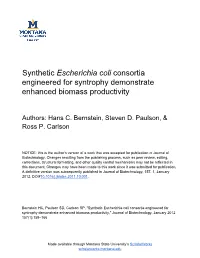 Synthetic Escherichia Coli Consortia Engineered for Syntrophy Demonstrate Enhanced Biomass Productivity