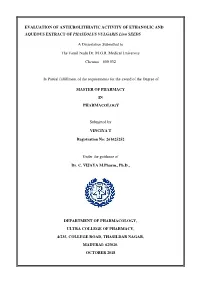 EVALUATION of ANTIUROLITHIATIC ACTIVITY of ETHANOLIC and AQUEOUS EXTRACT of PHASEOLUS VULGARIS Linn SEEDS a Dissertation Submitt