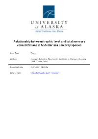 Relationship Between Trophic Level and Total Mercury Concentrations in 5 Steller Sea Lion Prey Species