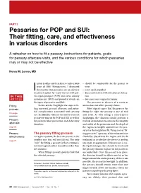 Pessaries for POP and SUI: Their Fitting, Care, and Effectiveness in Various Disorders