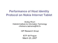 Performance of Host Identity Protocol on Nokia Internet Tablet