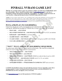 PINBALL NVRAM GAME LIST This List Was Created to Make It Easier for Customers to Figure out What Type of NVRAM They Need for Each Machine