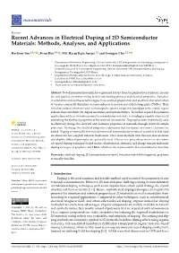 Recent Advances in Electrical Doping of 2D Semiconductor Materials: Methods, Analyses, and Applications